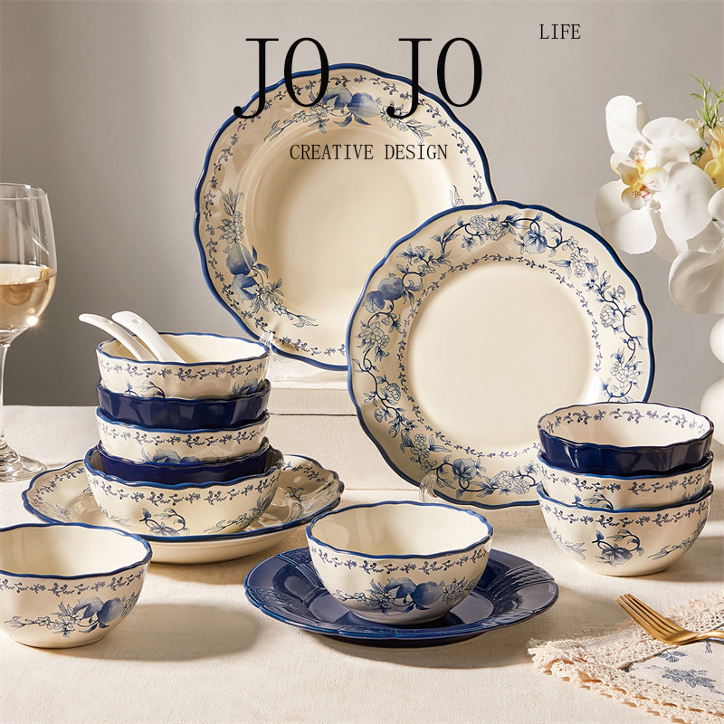 Jojo New Chinese Style Ceramic Rice Bowl and Plate Set 2026 New Model High-Value Blue and White Bowl and Plate with Chopsticks New Home Housewarming Gift