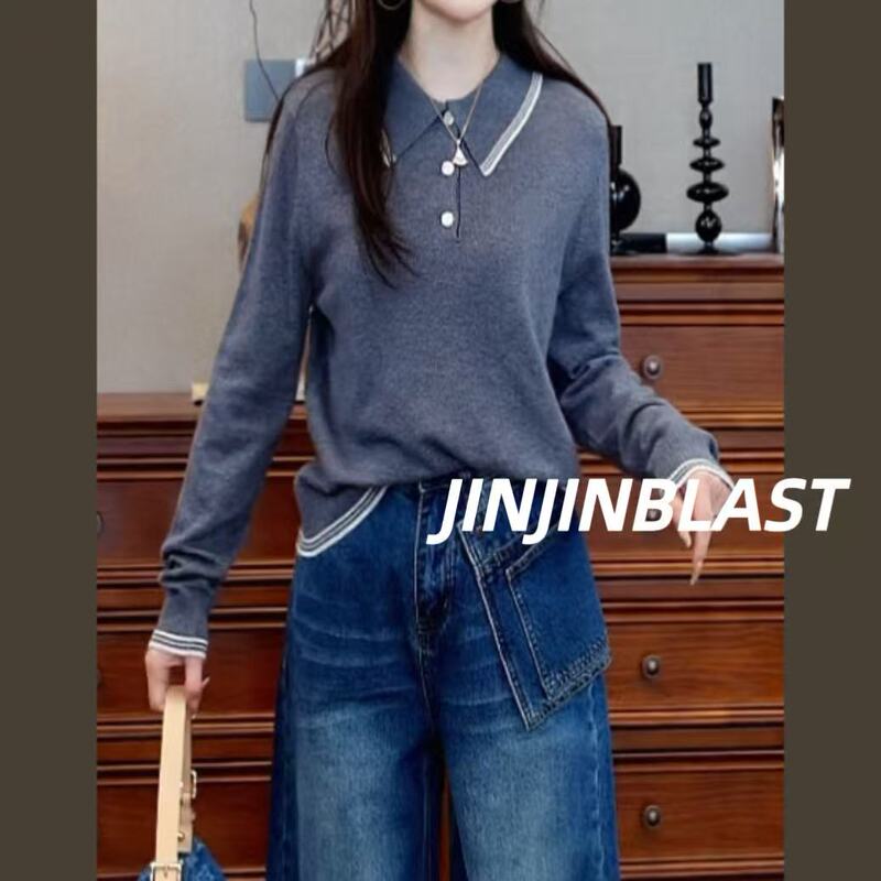 【Jinjin's Personal Collection】"Mi Series Sweater" with Wool and Cashmere, Polo Embroidery, Long-Sleeve Pullover Sweater