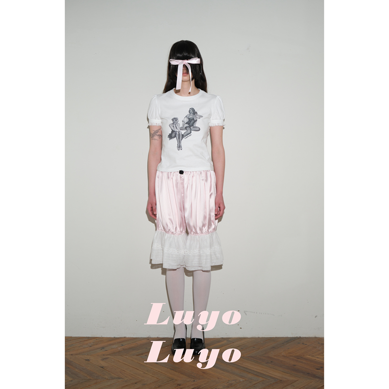 Luyoluyo 26Ss Character Print Puff Sleeve Lace Pure Cotton T-Shirt