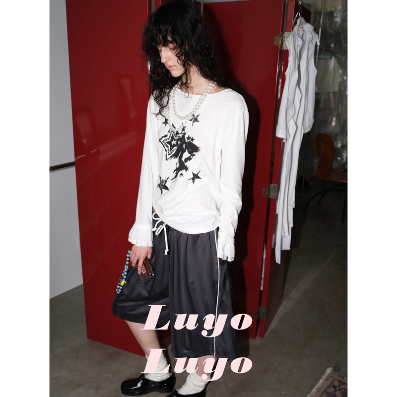 Luyoluyo 26Ss Imperfect Romantic Black Angel Star Print Large Open Back T-Shirt