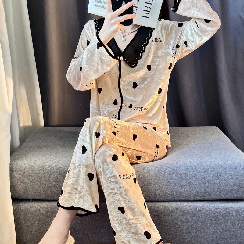 High-End Diamond Velvet Pajamas for Women, Spring, Autumn and Winter Long-Sleeved Home Wear Set, Sweet French Style New Gold Velvet