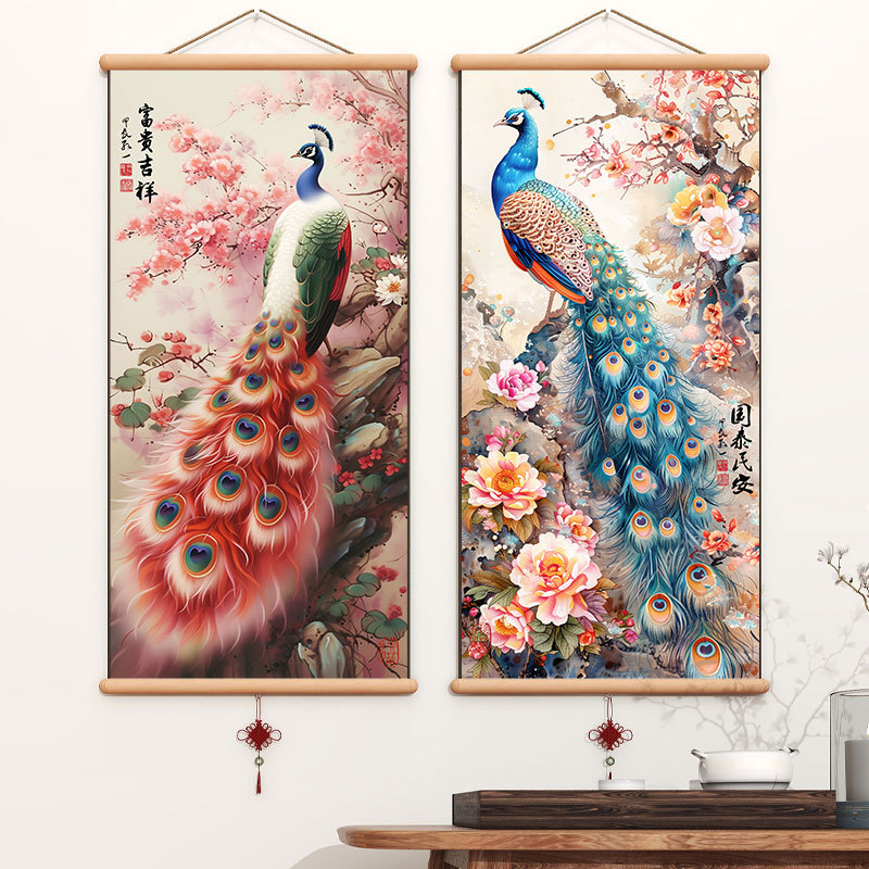Peacock Spreading Its Tail Feathers, Entrance Hall Hanging Painting, Peacock and Peony Painting, Living Room Wall Painting, Bedroom Mural, Decorative Painting Peacock Spreading Its Tail Feathers, Entrance Hall Hanging Painting, Peacock and Peony Painting, Living Room Wall Painting, Bedroom Mural, Decorative Painting