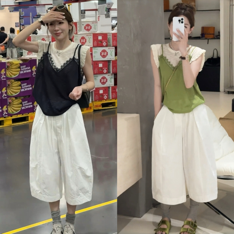 2026 Super Trendy Summer Age-Reducing Outfit Korean Fashion Stylish Faux Two-Piece Knit Top and Cropped Wide-Leg Pants Set 2026 Super Trendy Summer Age-Reducing Outfit Korean Fashion Stylish Faux Two-Piece Knit Top and Cropped Wide-Leg Pants Set