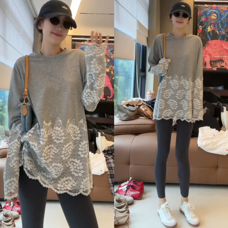 Mid-Length Lace Patchwork Long-Sleeve T-Shirt for Women, Spring and Autumn 2026 New Style, Hip-Covering Stylish Base Shirt Top