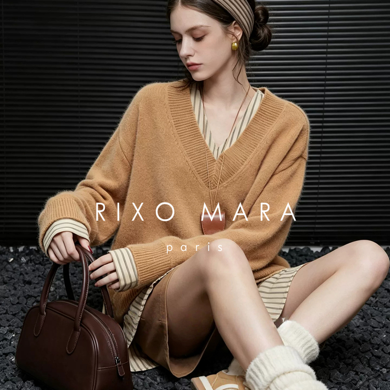 Rixo Mara French-Style Striped Patchwork V-Neck Knit Sweater for Women, 2026 Autumn Design, Faux Two-Piece Pullover Sweater