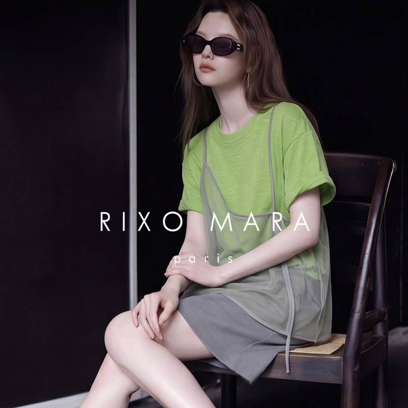 Rixo Mara Green Fake Two-Piece Short-Sleeve T-Shirt for Women 2026 New Summer Design Dopamine Outfit Top Rixo Mara Green Fake Two-Piece Short-Sleeve T-Shirt for Women 2026 New Summer Design Dopamine Outfit Top