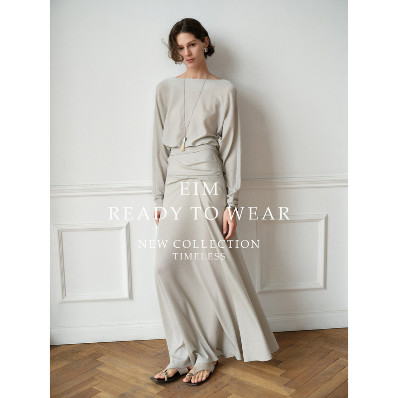 Eim 100% Merino Australian Wool Knit Set Batwing Sleeve T-Shirt/Twisted Wrap Skirt for Women