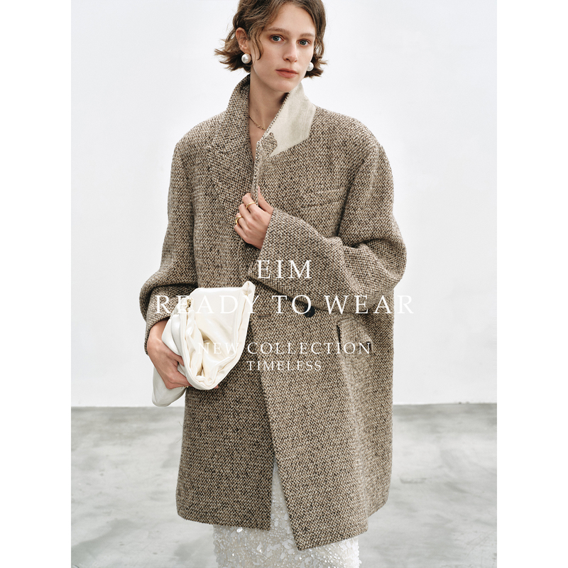 Eim Merino Wool "Quiet Luxury Amber" Stand Collar Double-Sided Tweed Oversized Suit Coat Mid-Length Drop Shoulder Jacket