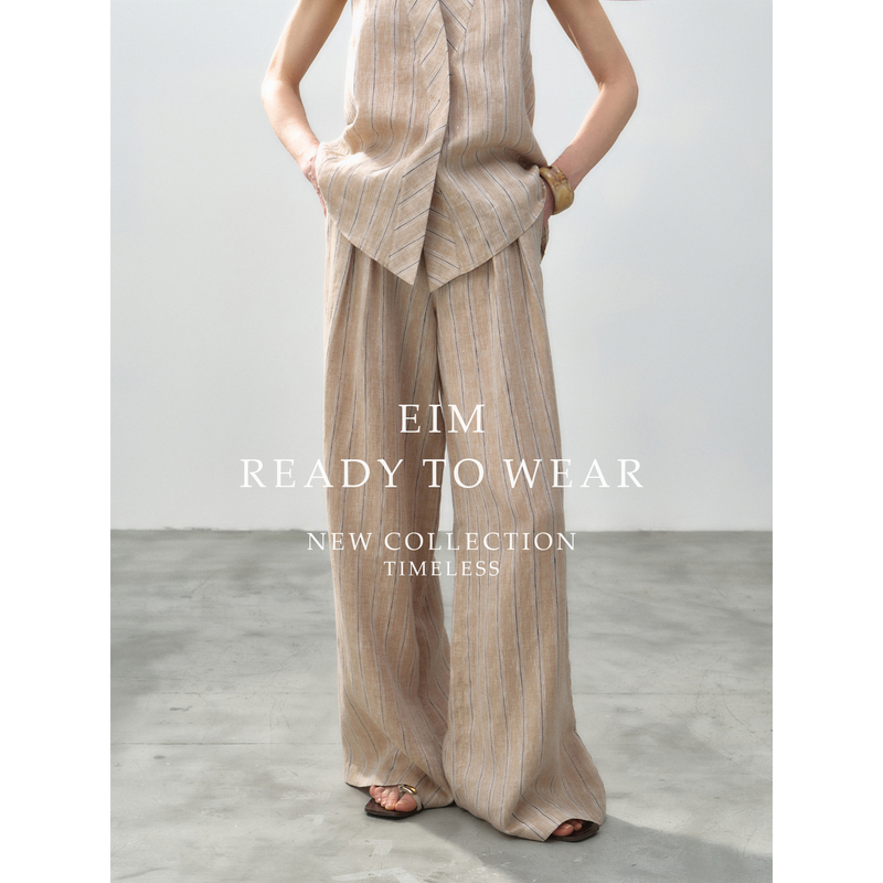 Eim 100% Linen Striped Fabric Old Money Style High-Waisted Double-Pleated Wide-Leg Air Pants Tailored Long Pants for Women