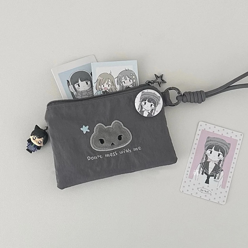 Little Gray Cat Lanyard Card Holder Transparent Pouch Multifunctional Portable Coin Purse Document Miscellaneous Storage Earphone Makeup Bag