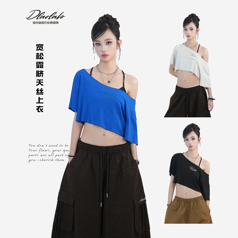 Trendy Street Dance Brand Original Jazz Girl'Off-Shoulder Short T-Shirt' Versatile Waist-Revealing Dance Top T180