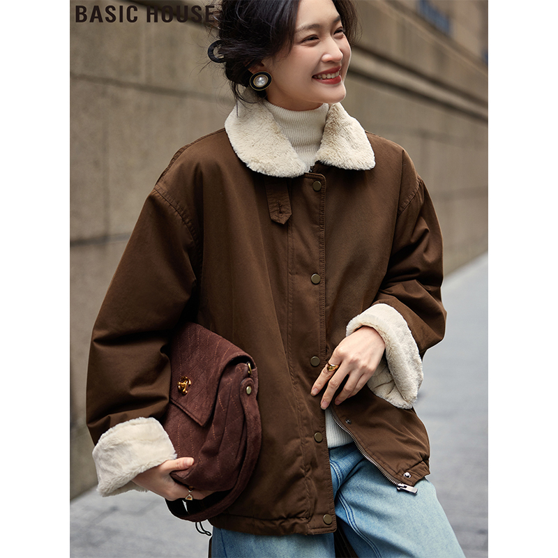 Basic House/Baijiahao Coffee Color Lapel Jacket Short Fleece-Lined Thickened Jacket Top for Women 2026 Winter