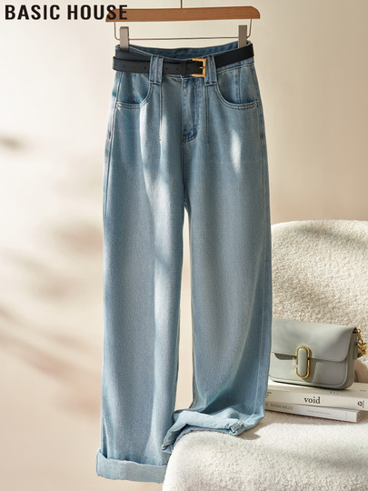 Basic House/Baijiahao Retro-Hellblau plus Samt, schmale Version, hohe Taille, schlanke Jeans mit weitem Bein für Damen im Herbst und Winter