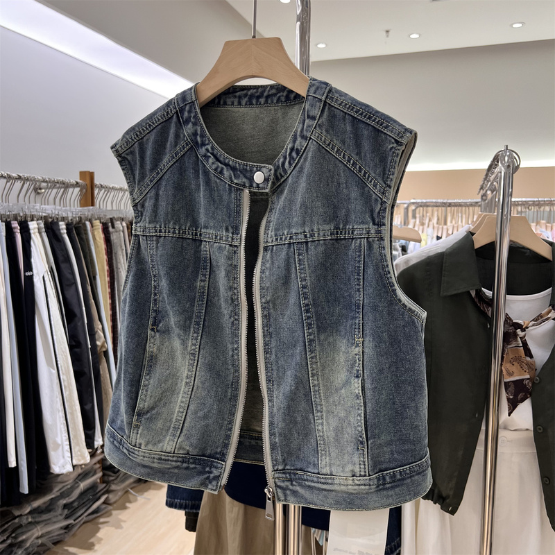 Vintage Distressed Denim Vest for Women, Short Style with Stand Collar, Zipper, Sleeveless, Outerwear, Washed Denim Vest Jacket