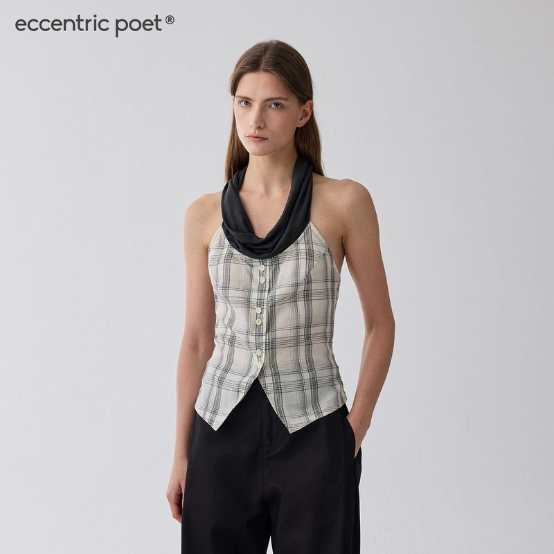 Eccentric Poet Knitted Fabric Patchwork Plaid Halter Neck Vest