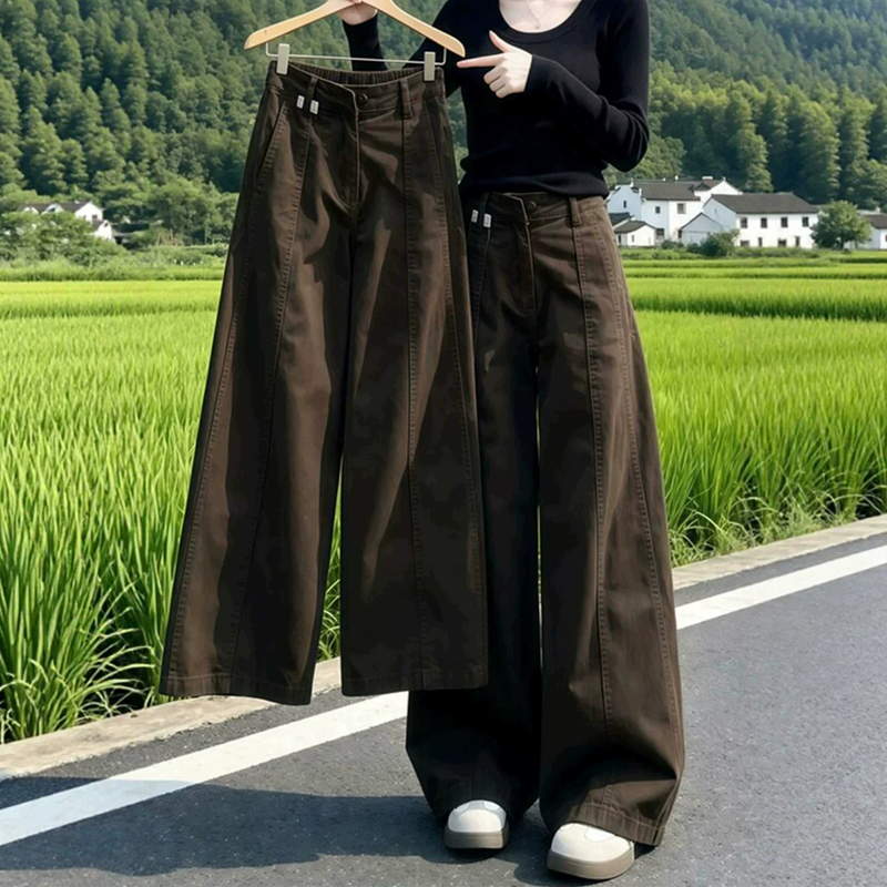 Brown Coffee-Colored Curved Hem Jeans for Women, 2026 Autumn New Style, Plus Size, Pear-Shaped Body, High-Waisted, Loose, Slimming, Wide-Leg Pants