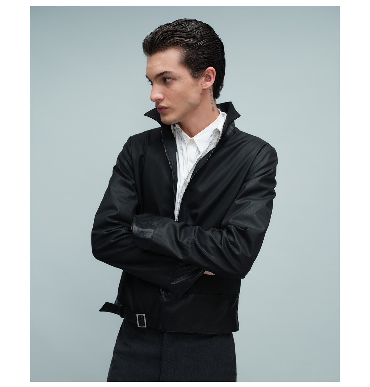 Slight Vogue Loose Waxed-Finish Leather-Trimmed Jacket