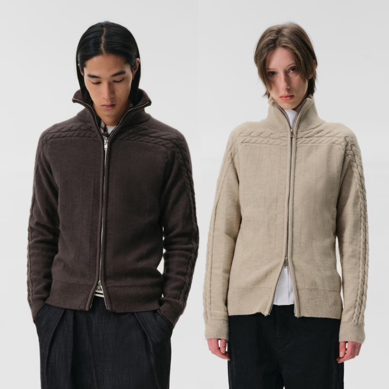 Slight Vogue|Arctic Velvet Two-Tone Slim-Fit Cable Knit Shoulder Line Stand Collar Cardigan Sweater Fitted Jacket Slight Vogue|Arctic Velvet Two-Tone Slim-Fit Cable Knit Shoulder Line Stand Collar Cardigan Sweater Fitted Jacket