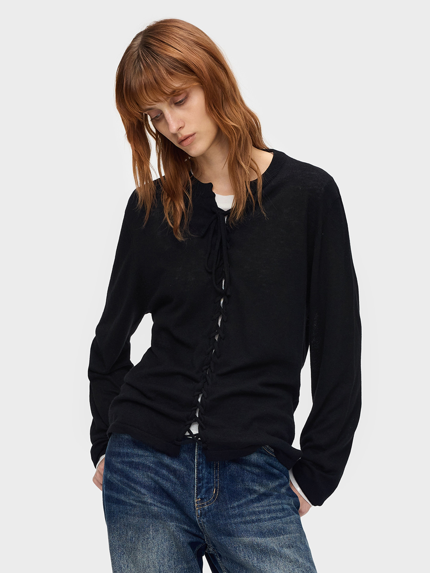Slight Vogue Wool Braided Tie-Front Knit T-Shirt