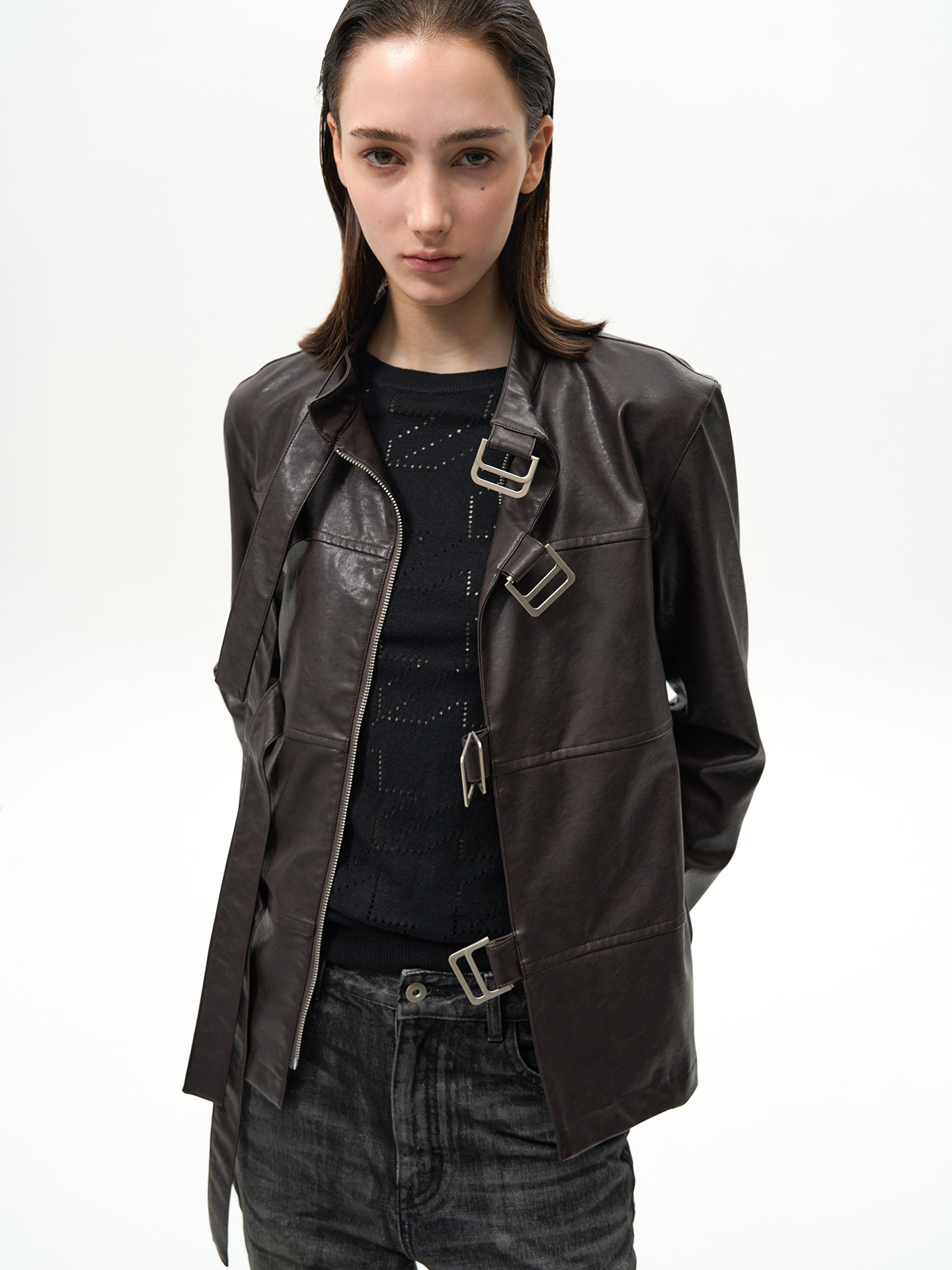Slight Vogue Asymmetric Cropped PU Jacket
