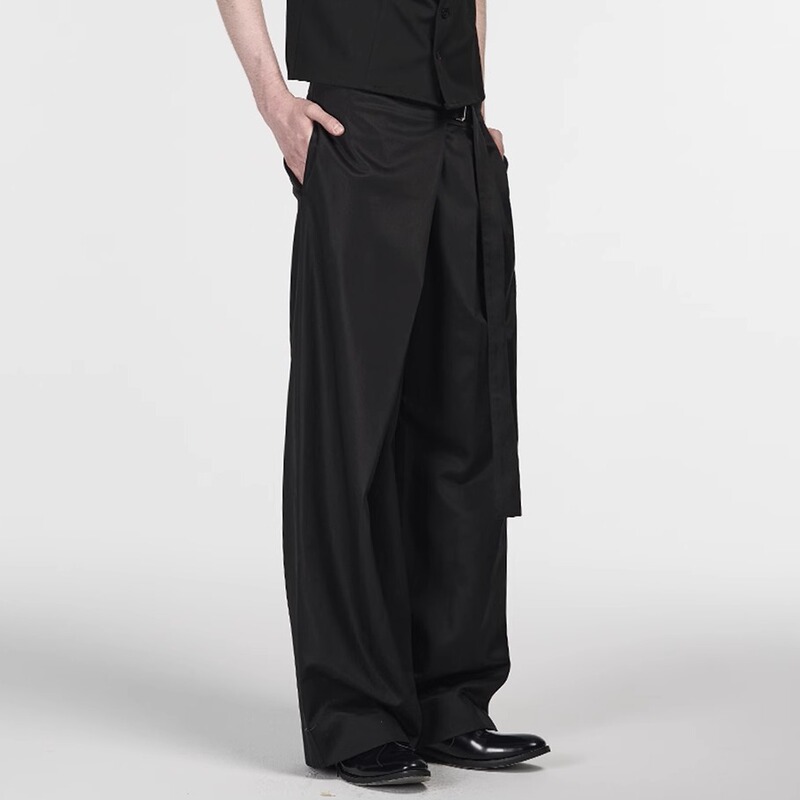 Slight Vogue丨Monastery Black Tencel Cotton Faux Skirt Single Pleat Adjustable Waist Straight Commuter Trousers