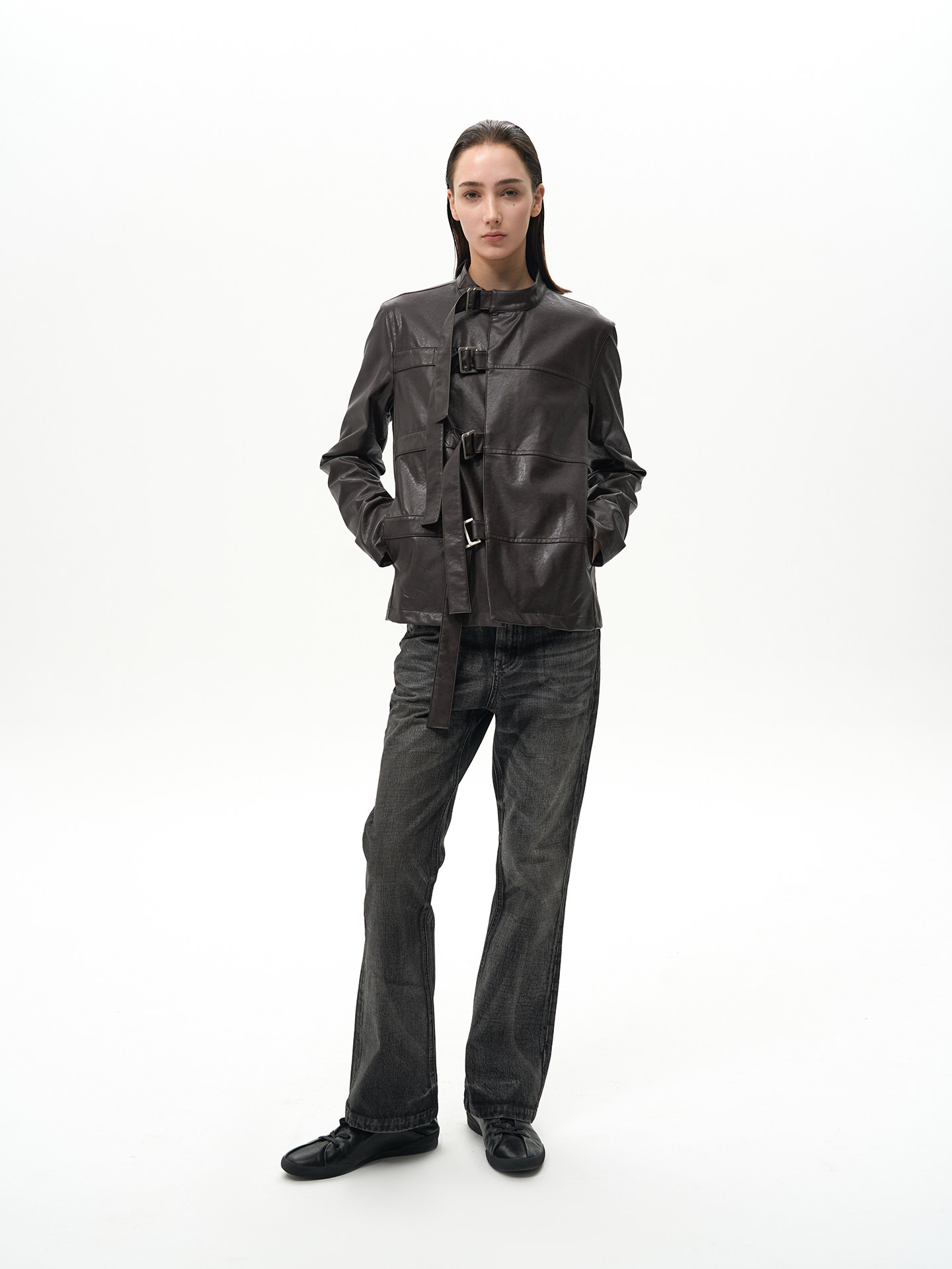 Slight Vogue Asymmetric Cropped PU Jacket