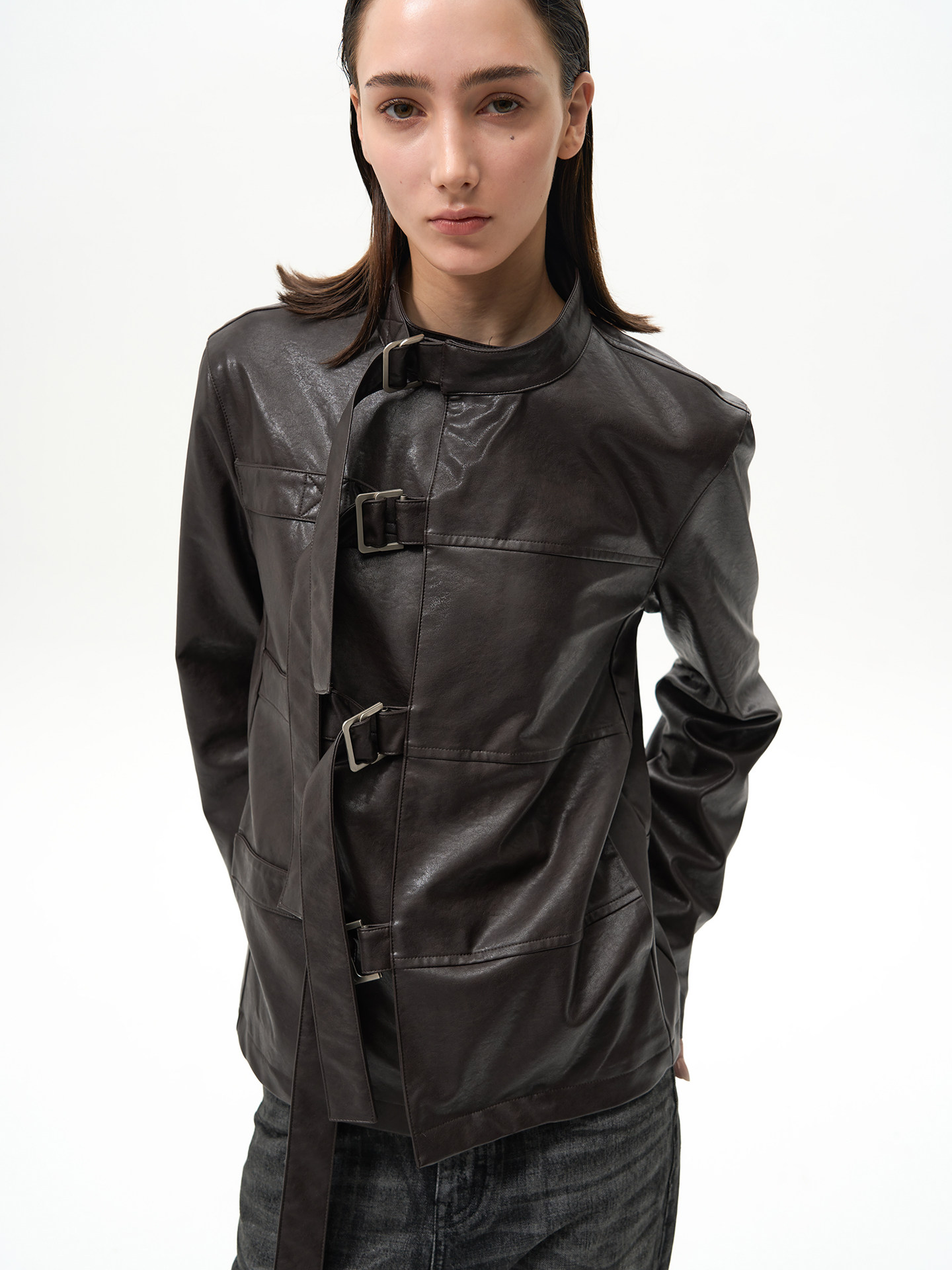 Slight Vogue Asymmetric Cropped PU Jacket