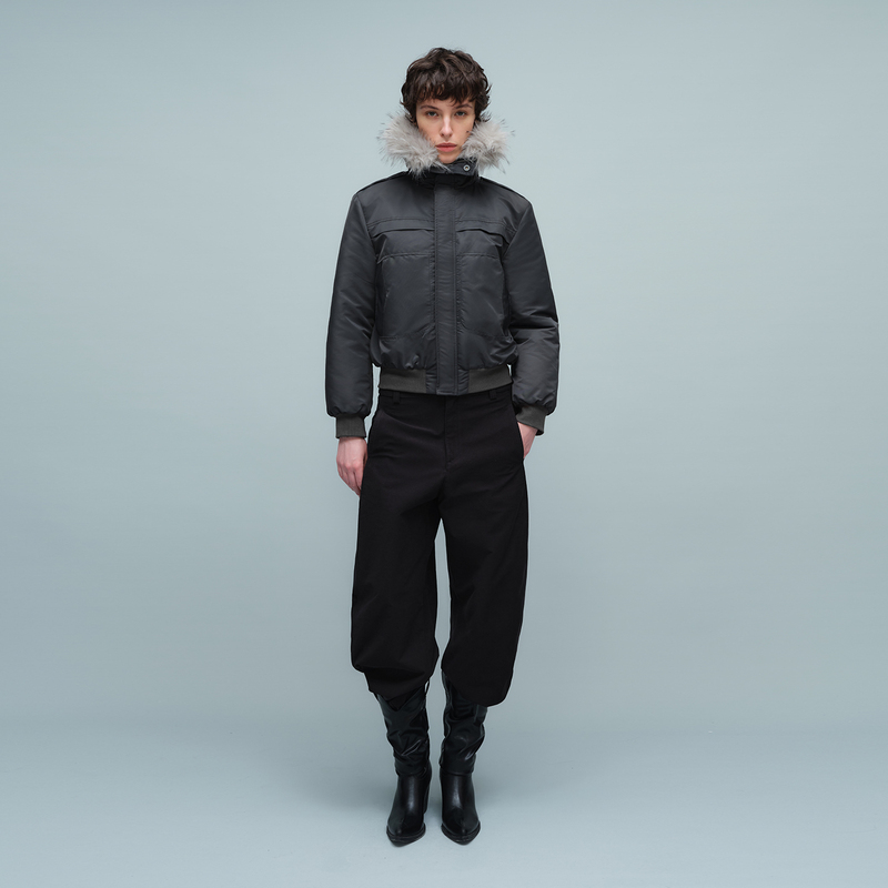 Slight Vogue|Simple Nylon Short Bomber Jacket with Detachable Dyed Fur Collar Slight Vogue|Simple Nylon Short Bomber Jacket with Detachable Dyed Fur Collar