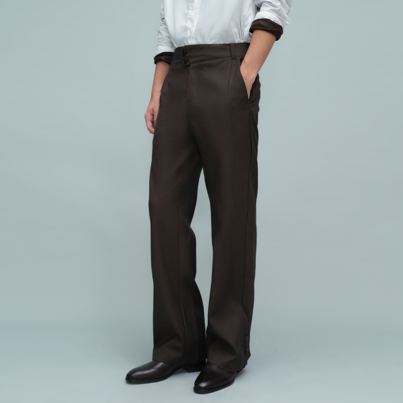 Pixel Island Slight Vogue|Coffee-Colored Vintage Trousers with Diagonal Waistband, Side Slits, and Decorative Buckle Details on the Hem Pixel Island Slight Vogue|Coffee-Colored Vintage Trousers with Diagonal Waistband, Side Slits, and Decorative Buckle Details on the Hem