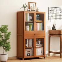 Solid wood bookcase with glass door minimalist modern living room shelf to floor student bookcase childrens bookcase storage cabinet