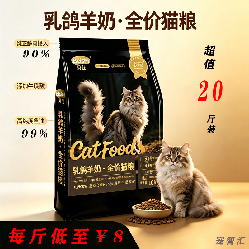 Beishi Complete Cat Food with Pigeon Milk, Goat Milk, Freeze-Dried Minced Beef, and Goose Meat, Large Bag of Dog Food, Pack of 10kg