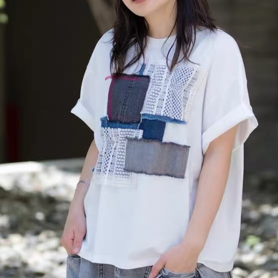 Japanese Style Mililo*Piulu Lace Blend Denim Patchwork Short-Sleeve T-Shirt a Bust Size 126 Length 66 Japanese Style Mililo*Piulu Lace Blend Denim Patchwork Short-Sleeve T-Shirt a Bust Size 126 Length 66