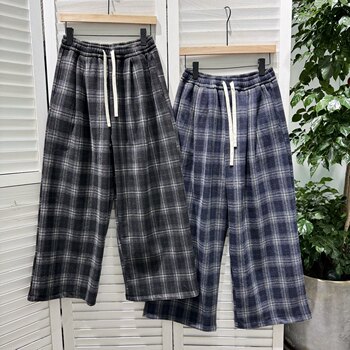 Japanese and Korean Style Plaid Elastic Waist Fleece-Lined Plaid Pants, Modified Scimitar Casual Pants, Nn Waist 66-104, Hips 138, Length 97