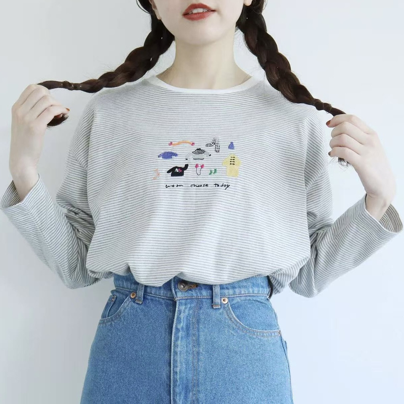 Xb Japanese-Style Original A* Brand Embroidered Cute T-Shirt Striped Casual Top King Chest Circumference 110 Length 59 Xb Japanese-Style Original A* Brand Embroidered Cute T-Shirt Striped Casual Top King Chest Circumference 110 Length 59