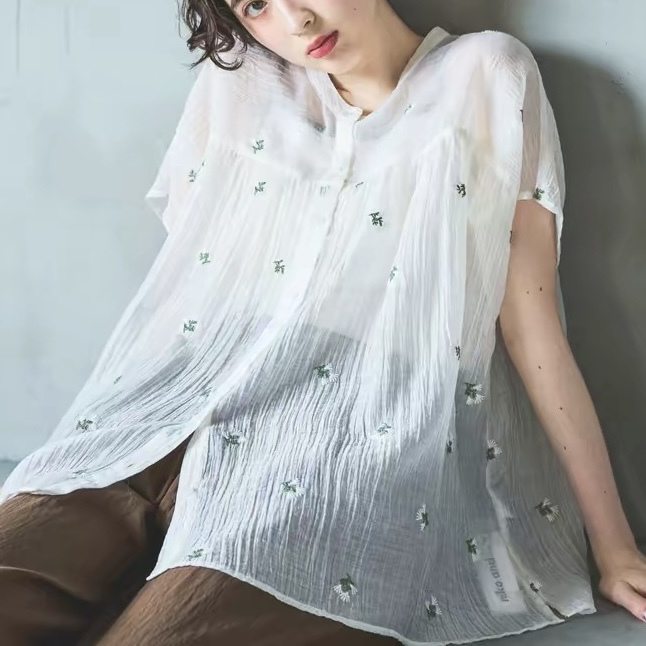 Japanese Style N+ Women's Shirt with Lyocell Embroidery, Sheer Short-Sleeve Cardigan Dq6, Bust 160, Length 69 Japanese Style N+ Women's Shirt with Lyocell Embroidery, Sheer Short-Sleeve Cardigan Dq6, Bust 160, Length 69