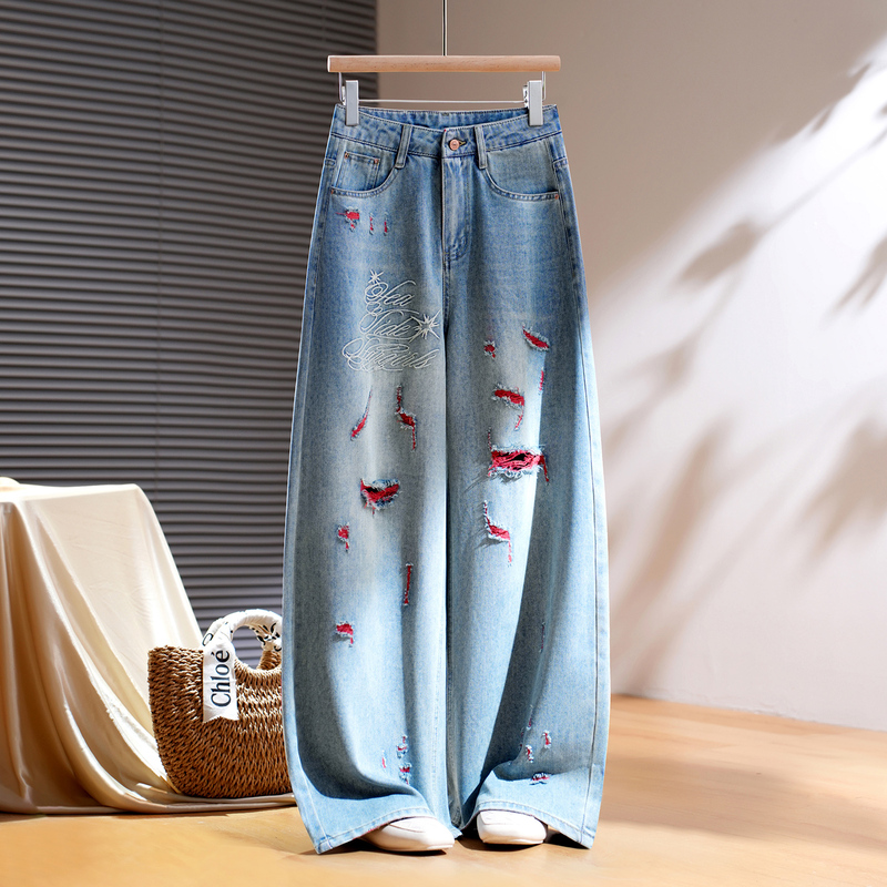 Soft-Core Street Style, Very Cool Ripped Jeans, 2026 Autumn New Style, Hip-Covering, Heavy Embroidery, Wide-Leg Pants Soft-Core Street Style, Very Cool Ripped Jeans, 2026 Autumn New Style, Hip-Covering, Heavy Embroidery, Wide-Leg Pants