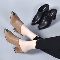 Baotou Half Slippers Womens Pointed Toe 2023 New Summer Outerwear Thick Heel Heelless Mule Slippers Lazy High Heels