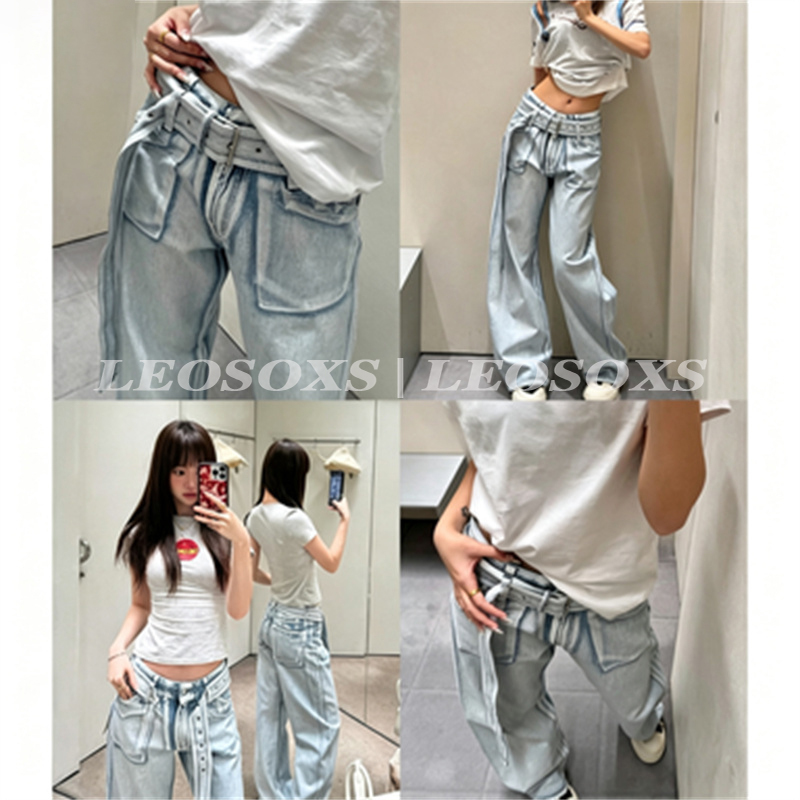 Leosoxs Shop26S Must-Have Pants! Ac Style 3D Printed Belt Wide-Leg Distressed Jeans