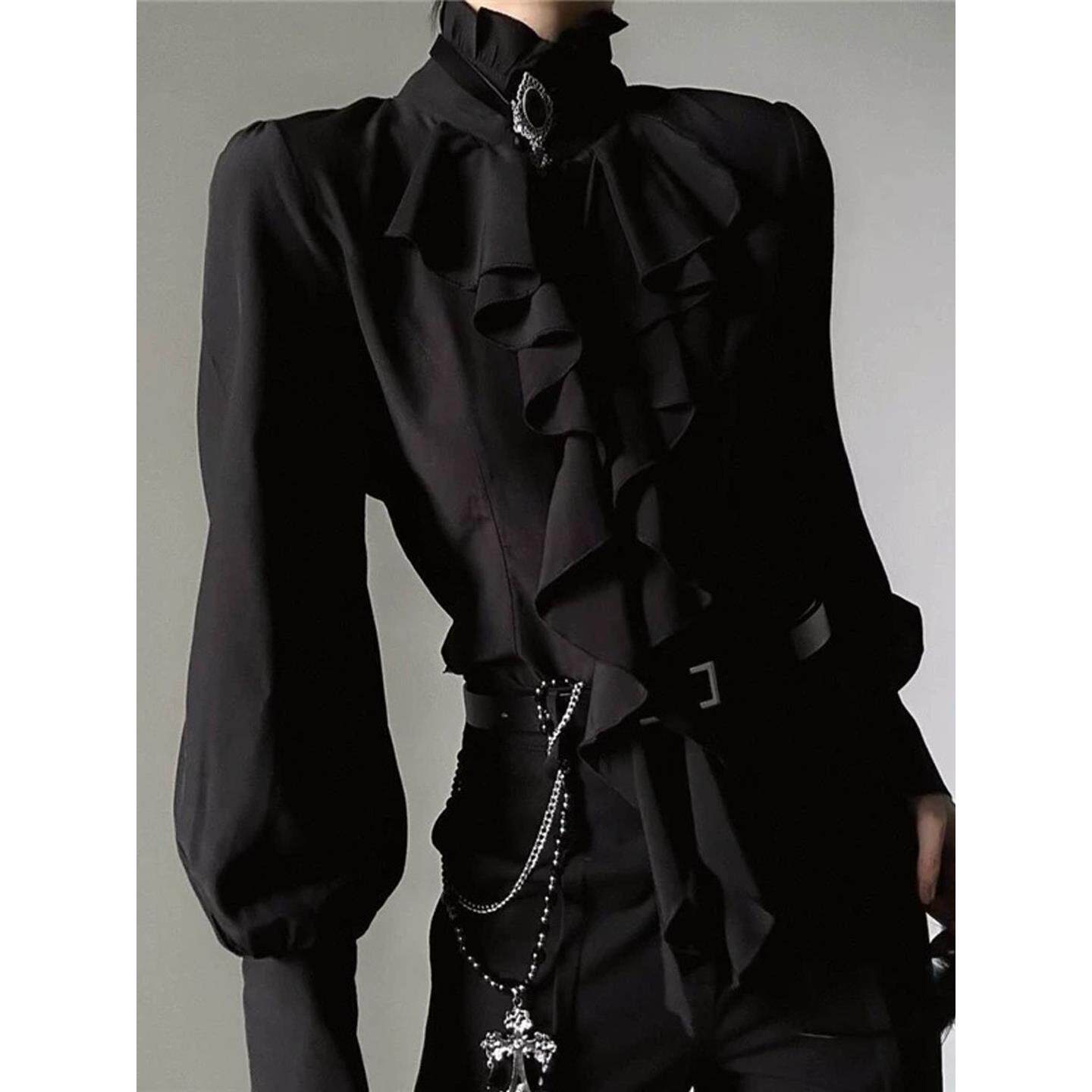 Dark-themed French court style retro stand-up collar ruffled long-sleeved shirt, unisex style with ribbon design