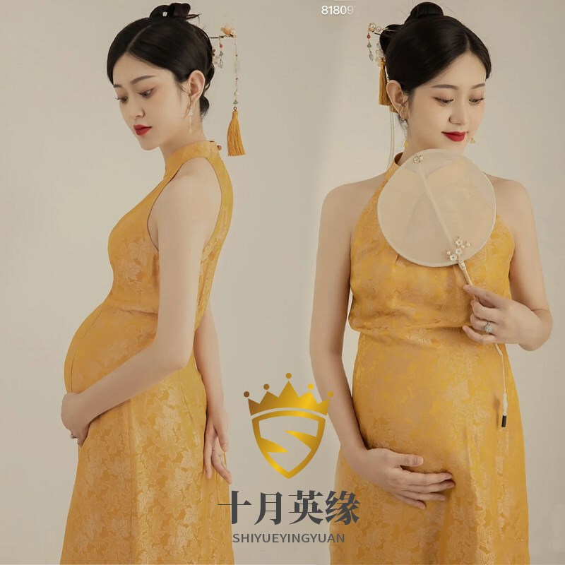 Maternity Photo Clothing Studio Retro Yellow Cheongsam Chinese Style Pregnant Mommy Art Photo Shoot Outfit Maternity Photo Clothing Studio Retro Yellow Cheongsam Chinese Style Pregnant Mommy Art Photo Shoot Outfit