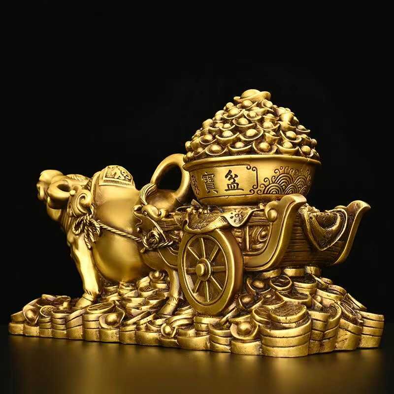 Brass Bull Pulling Treasure Bowl Ornament, Golden Bull Pulling Cart to Bring Wealth, Home Decoration, Bring in Wealth and Treasure, Prosperous Market Bull Crafts