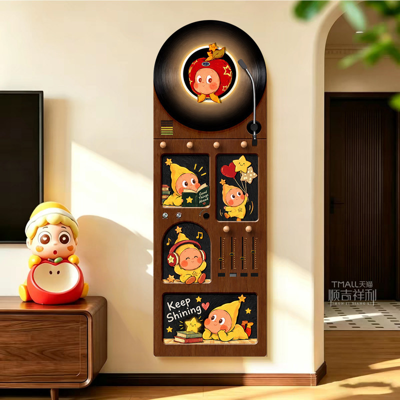 Record Player and Star-Themed Entrance Decorative Painting in Vintage Style, Cartoon-Style Wall Art for Entryway Facing the Door, Arch-Shaped with Led Lights Record Player and Star-Themed Entrance Decorative Painting in Vintage Style, Cartoon-Style Wall Art for Entryway Facing the Door, Arch-Shaped with Led Lights