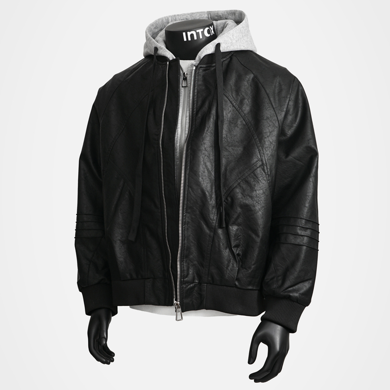 Intox丨Trendy Brand Faux Two-Piece Leather Jacket for Men, Color-Blocked Hooded Functional Style Coat, Autumn and Winter Retro Street Style Jacket Intox丨Trendy Brand Faux Two-Piece Leather Jacket for Men, Color-Blocked Hooded Functional Style Coat, Autumn and Winter Retro Street Style Jacket