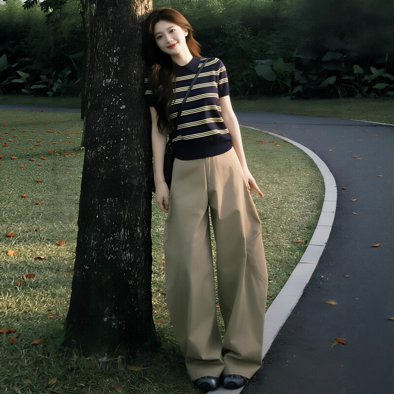 Striped T-Shirt Short-Sleeve Casual Sports Suit for Women, Summer Loose Slimming Fashion Korean Style Workwear Long Pants Two-Piece Set