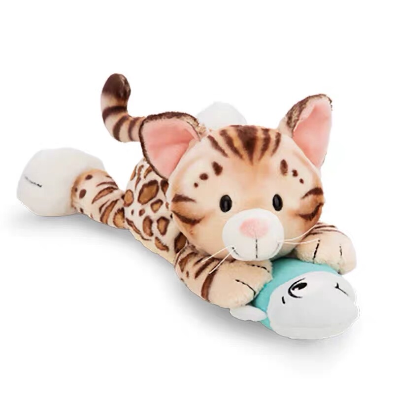 German Nici Leopard Cat Plush Toy Lying down with a Small Fish, Cute Doll, Healing Gift for Girls