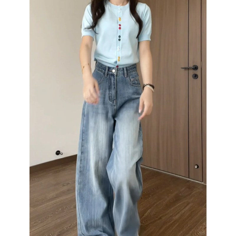 Relaxed Fit Bamboo Straight-Leg Jeans for Women, Autumn 2026 New Style, Petite High-Waisted Slimming Floor-Length Wide-Leg Pants