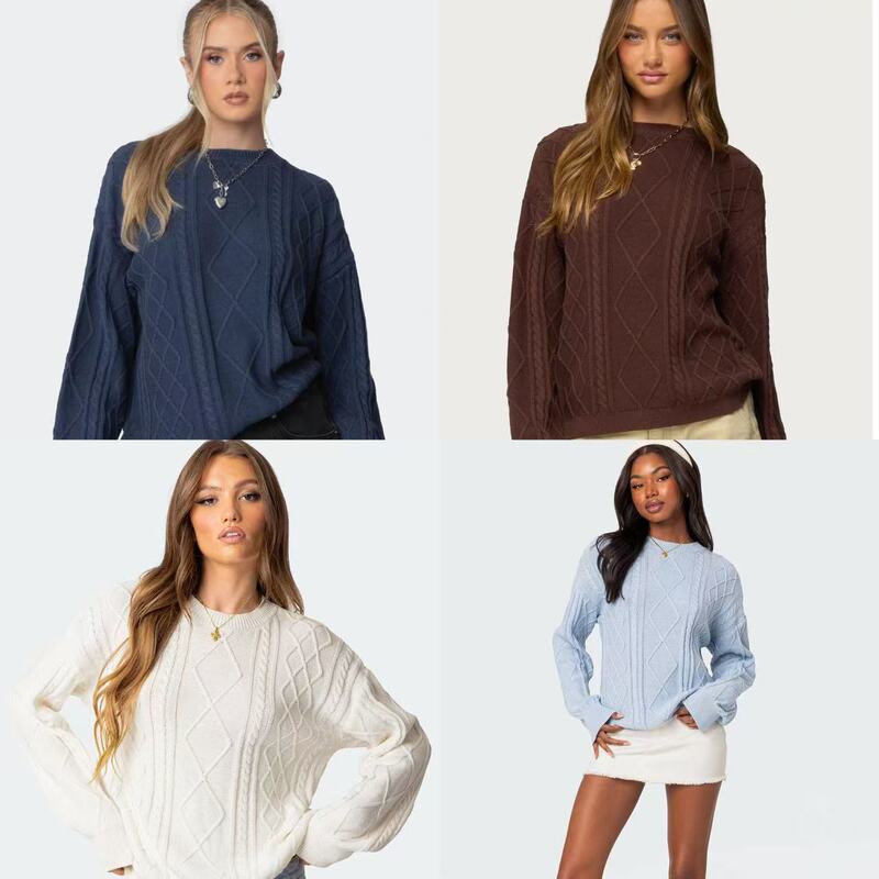 Edikted Retro Round Neck Thick Knit Oversized Sweater for Women, New Autumn and Winter Style, Loose and Lazy Style, Trendy Knitwear
