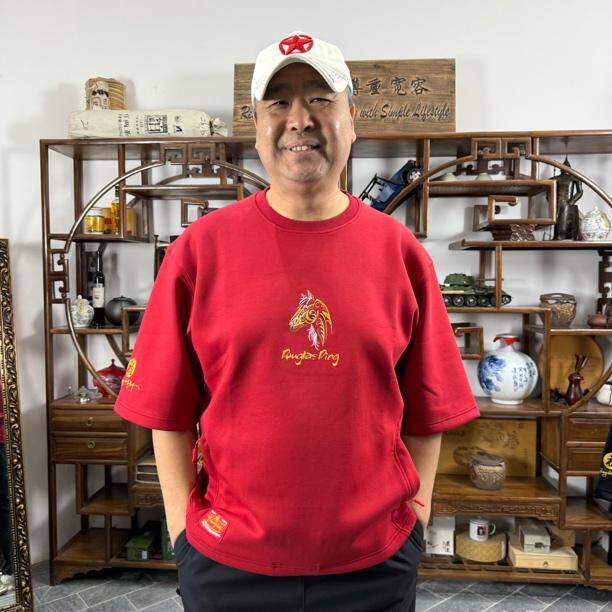 Douglas Original Plus-Size Men's Clothing, Red Zodiac Year of the Horse Design, Loose Fit with Pockets, Mid-Sleeve Top