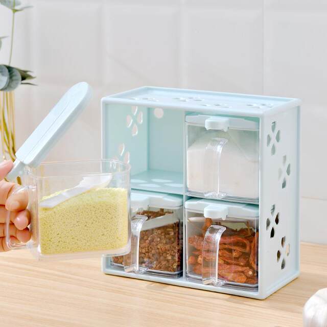 Three-Compartment Seasoning Box Kitchen Condiment Salt Box Spice Jar Drawer-Type with Spoon Plastic Seasoning Rack Can Be Hung on the Wall