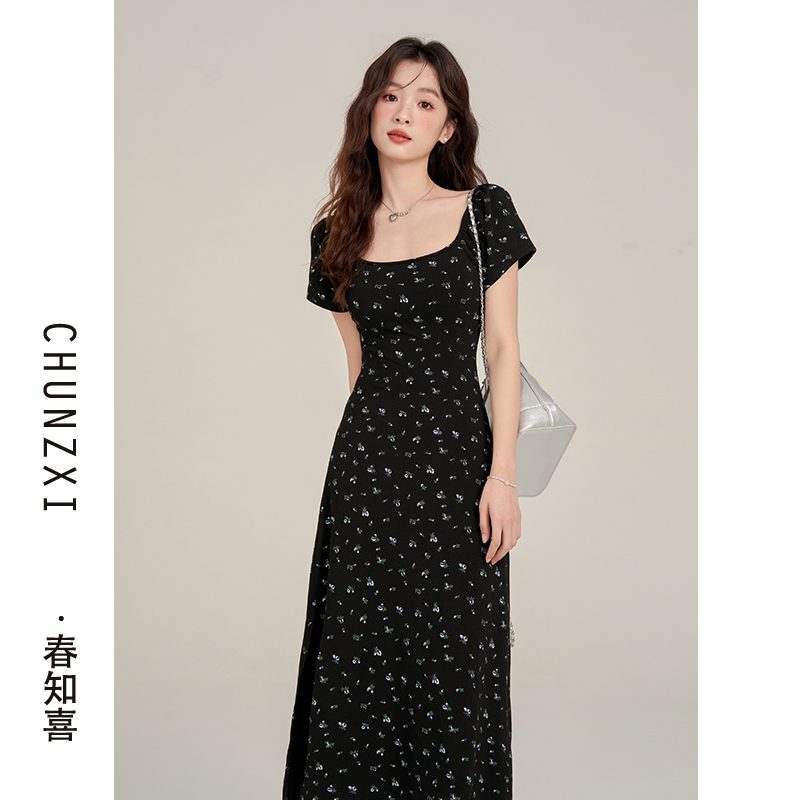 Chunzhihi Tea Break French-Style Black Floral Dress for Women, Summer 2026 New Model, Petite Slim-Fit Elegant Long Dress